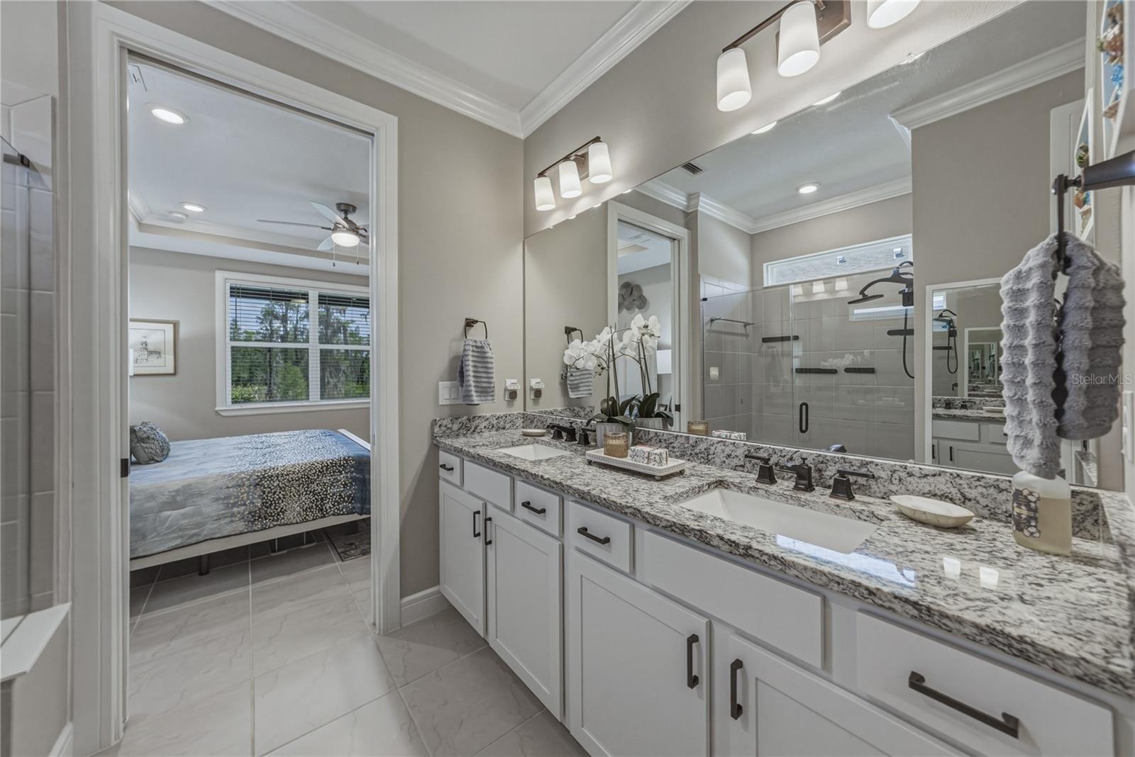 Long Vanity with Dual Undermount Modern Square Sinks & Stone Counters