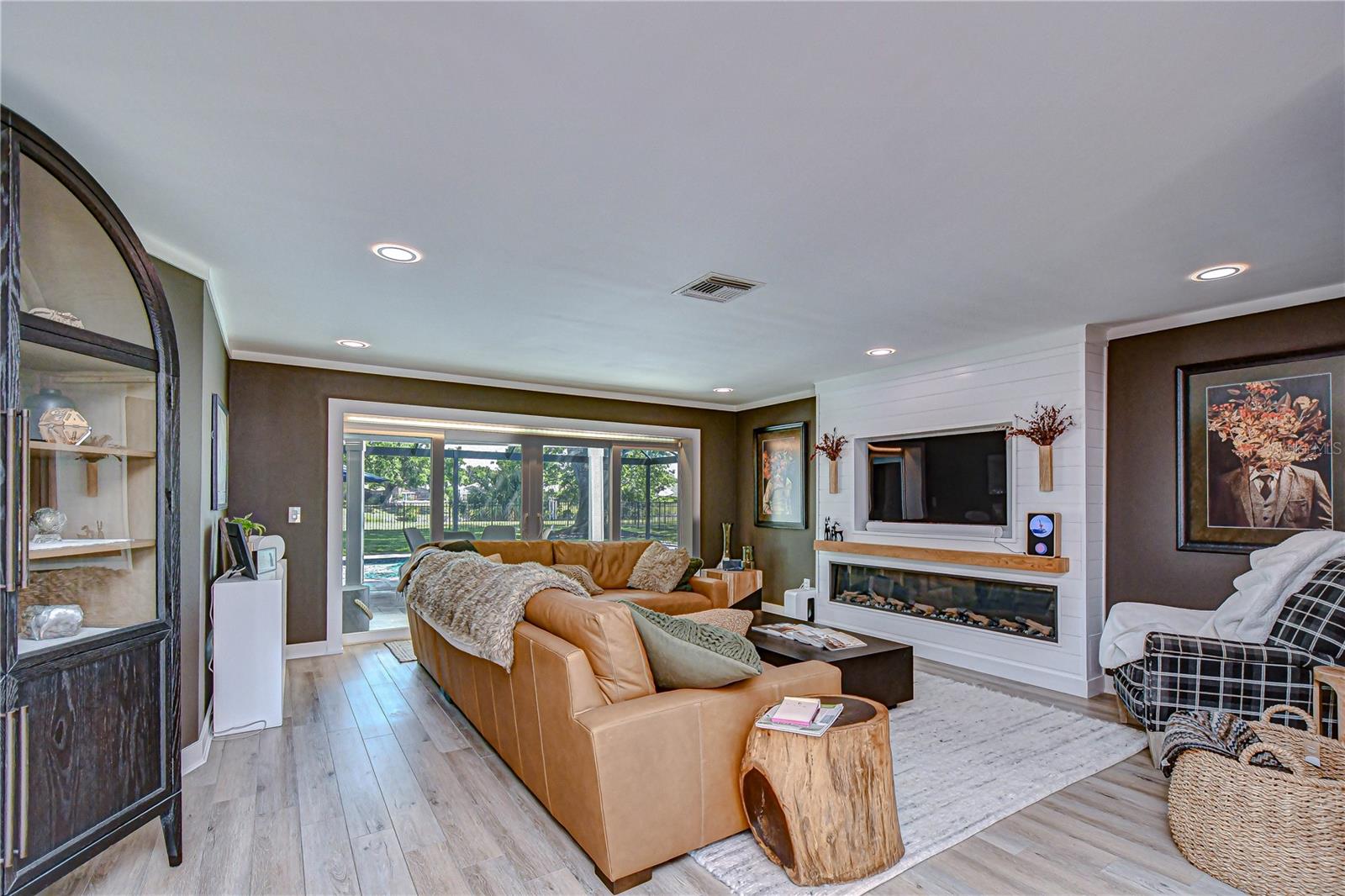 Living Room, Fireplace, Ship Lack Wall TV Niche, SGD to Pool