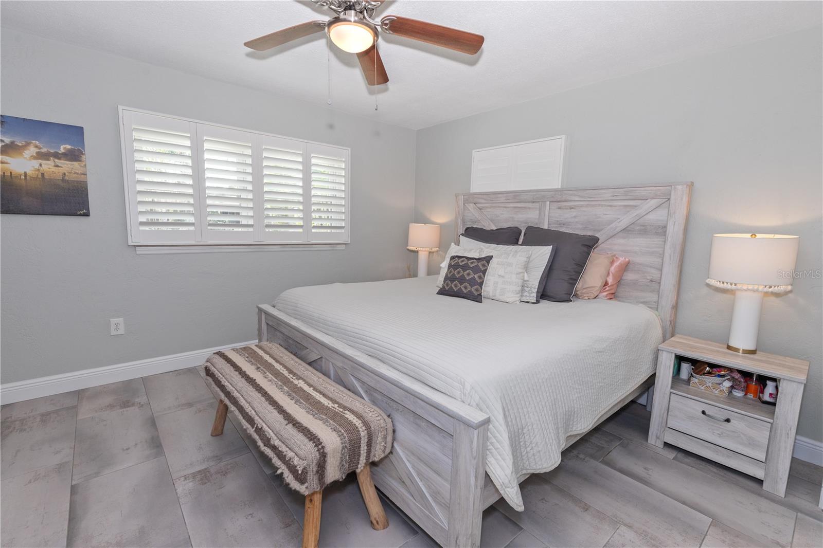 Primary bedroom has room for king size bed