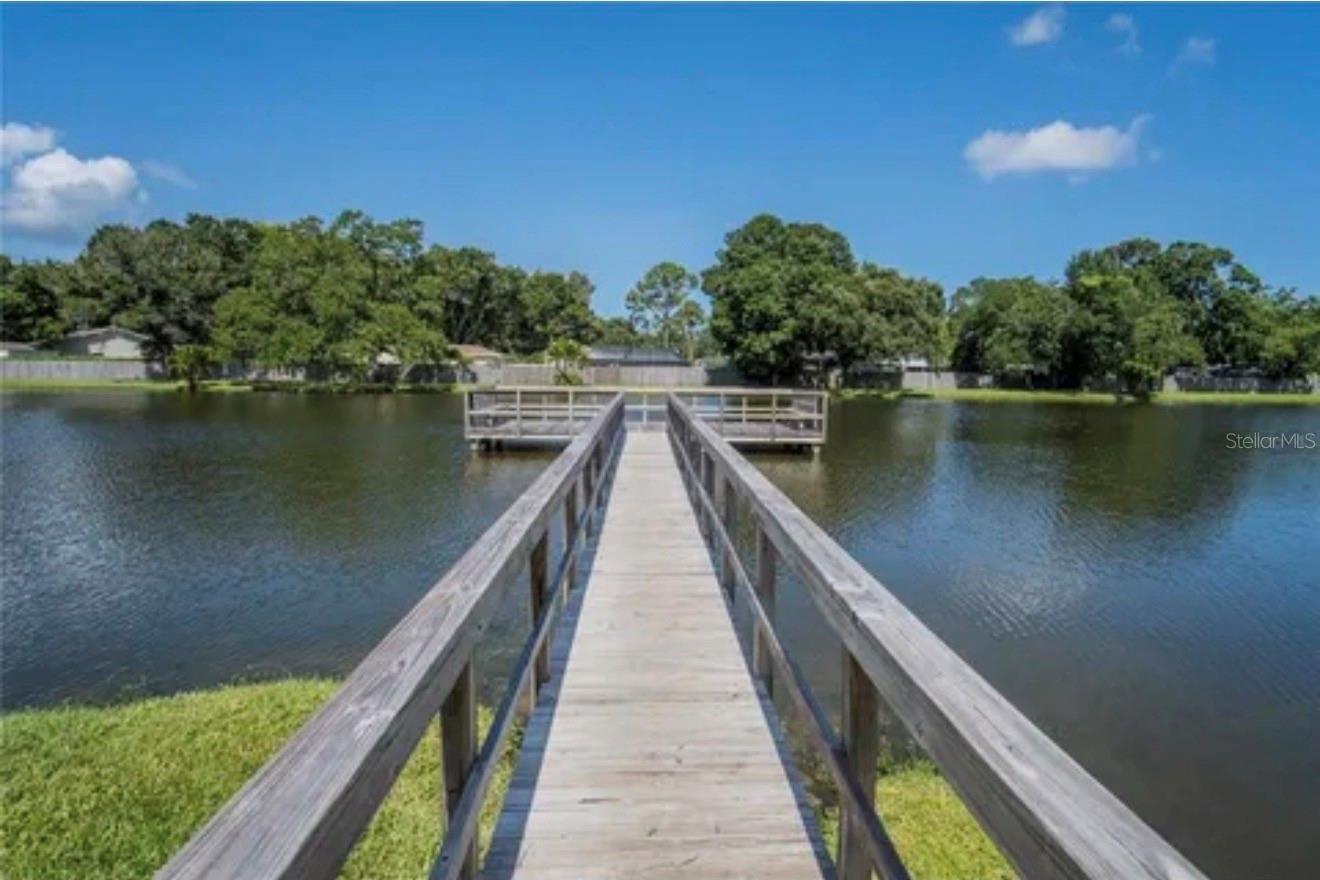 A photo of the lake and dock when the lake is full.