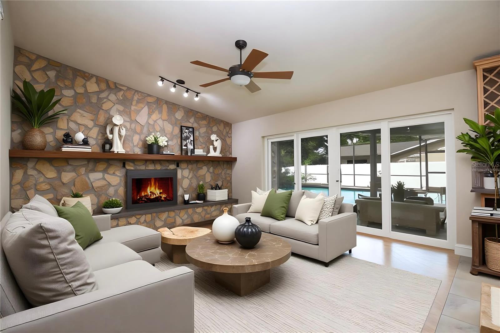 VIRTUALLY STAGED Soaring Ceilings and Stone Fireplace Family Rm