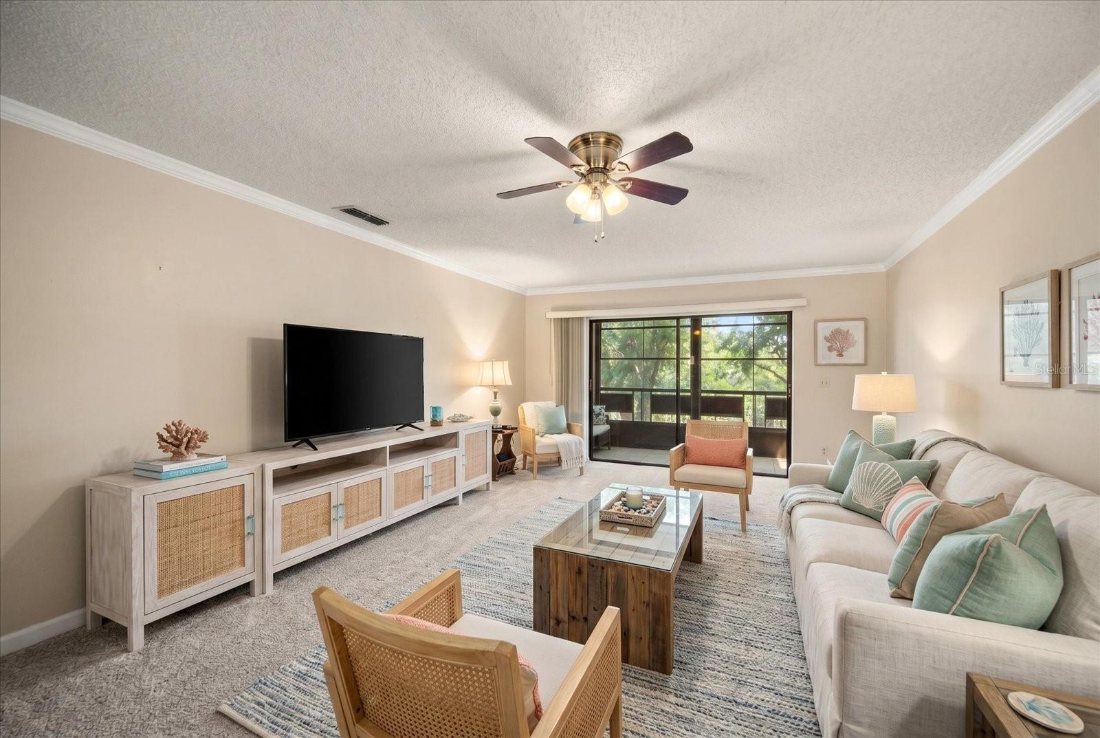 Virtual staged. Lots of space for any kind of set up you could dream of.   Views of the pond