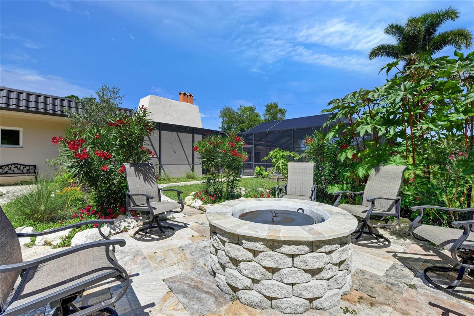 Fire pit in the side yard gardens