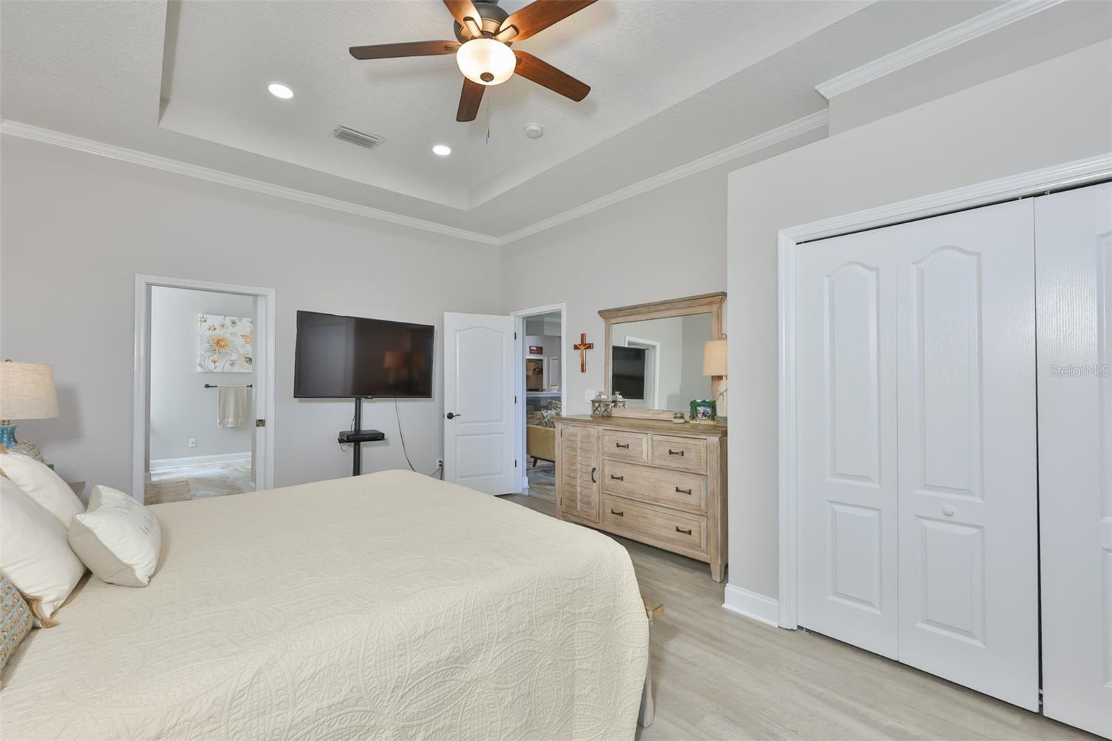 Large enough for a king bed and multiple pieces of furniture with room to spare.  A double wall closet and an ensuite bathroom for maximum privacy.