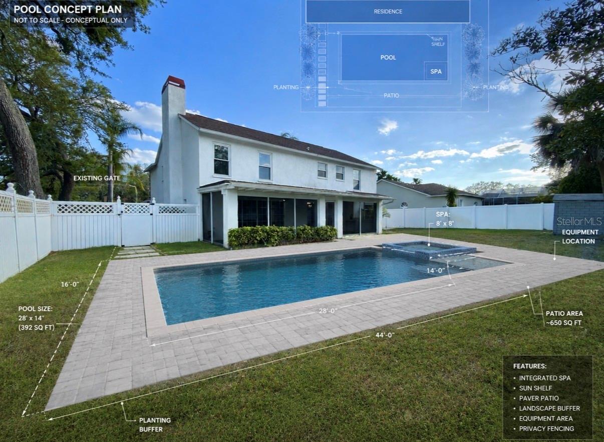 Sprinklers and trees have been moved and the back yard is pool ready- this is conceptual only- the back yard does not currently have a pool.