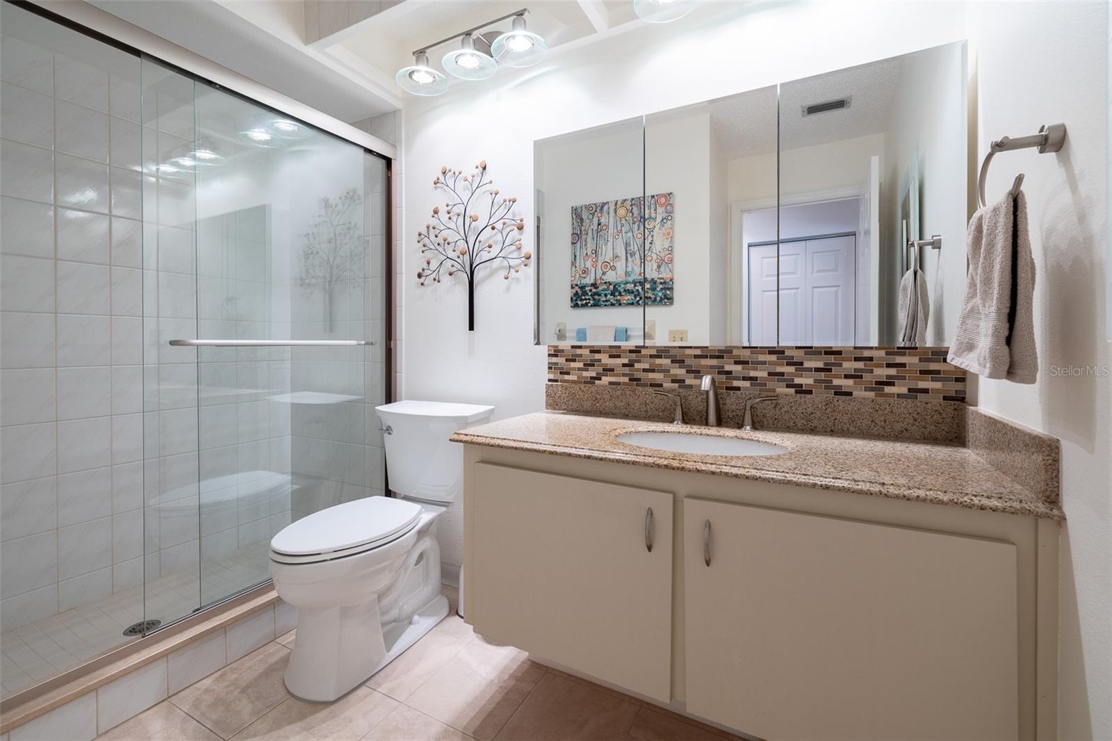 Bathroom with granite counter, tile backsplash, large shower converted from a tub.