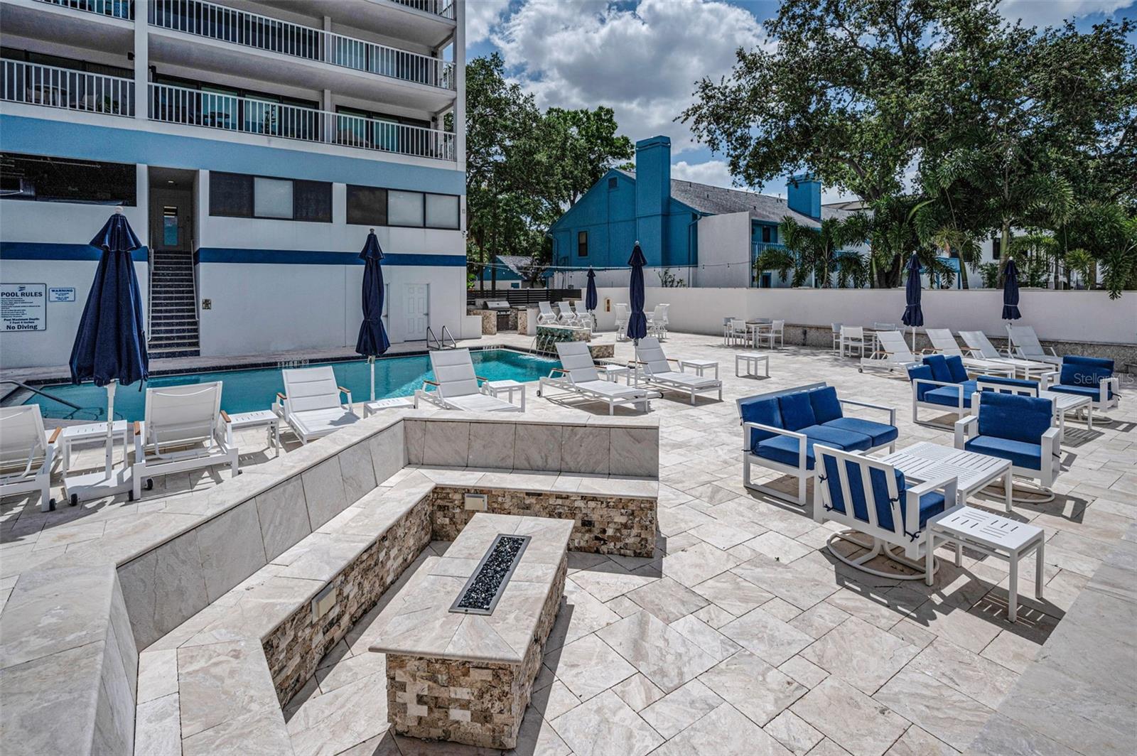 Pool area with firepit