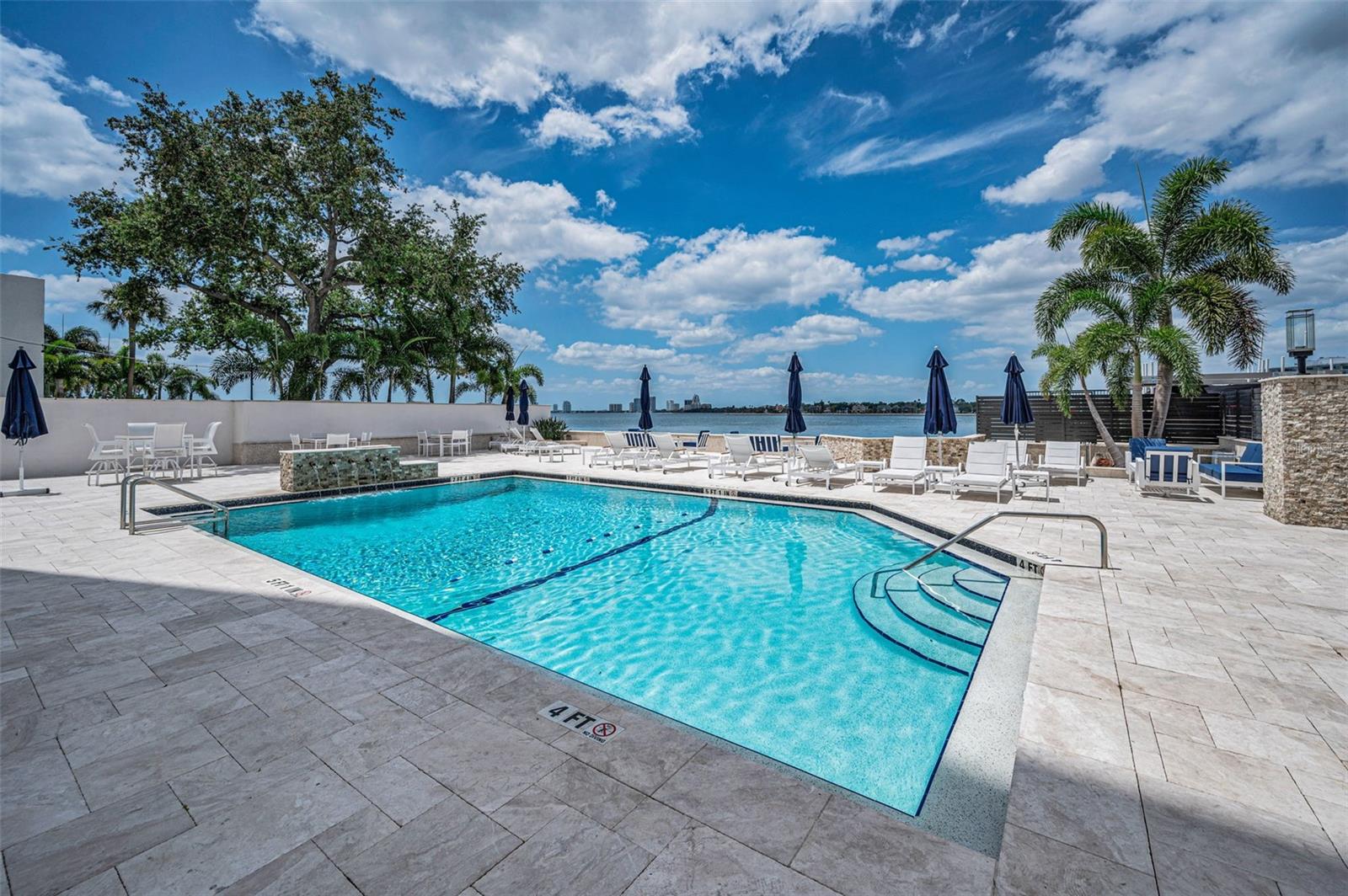 Expansive saltwater pool and lounge area with firepit, outdoor kitchen and BBQ area