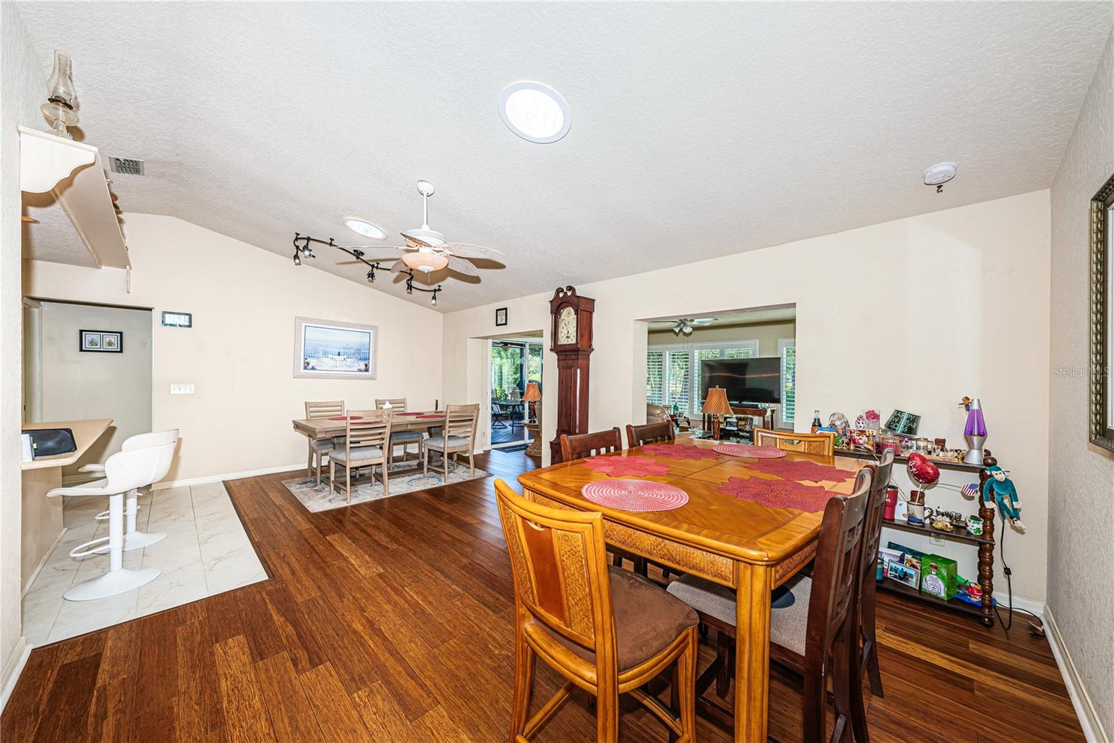 Open, light & bright Great Room with recessed and track lighting, vaulted ceilings, skylights & plant shelves.