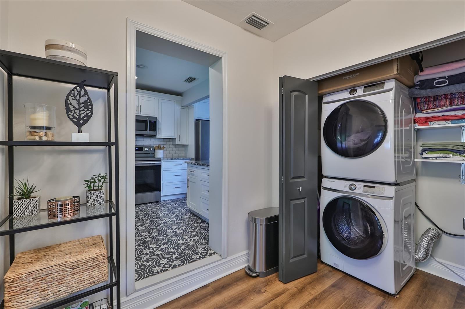 Washer and dryer with spacious storage.