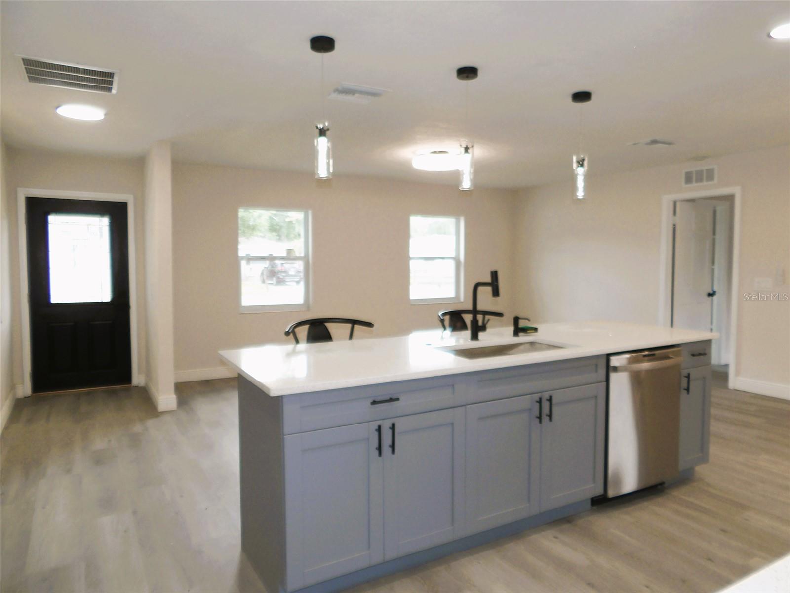 Island and living room