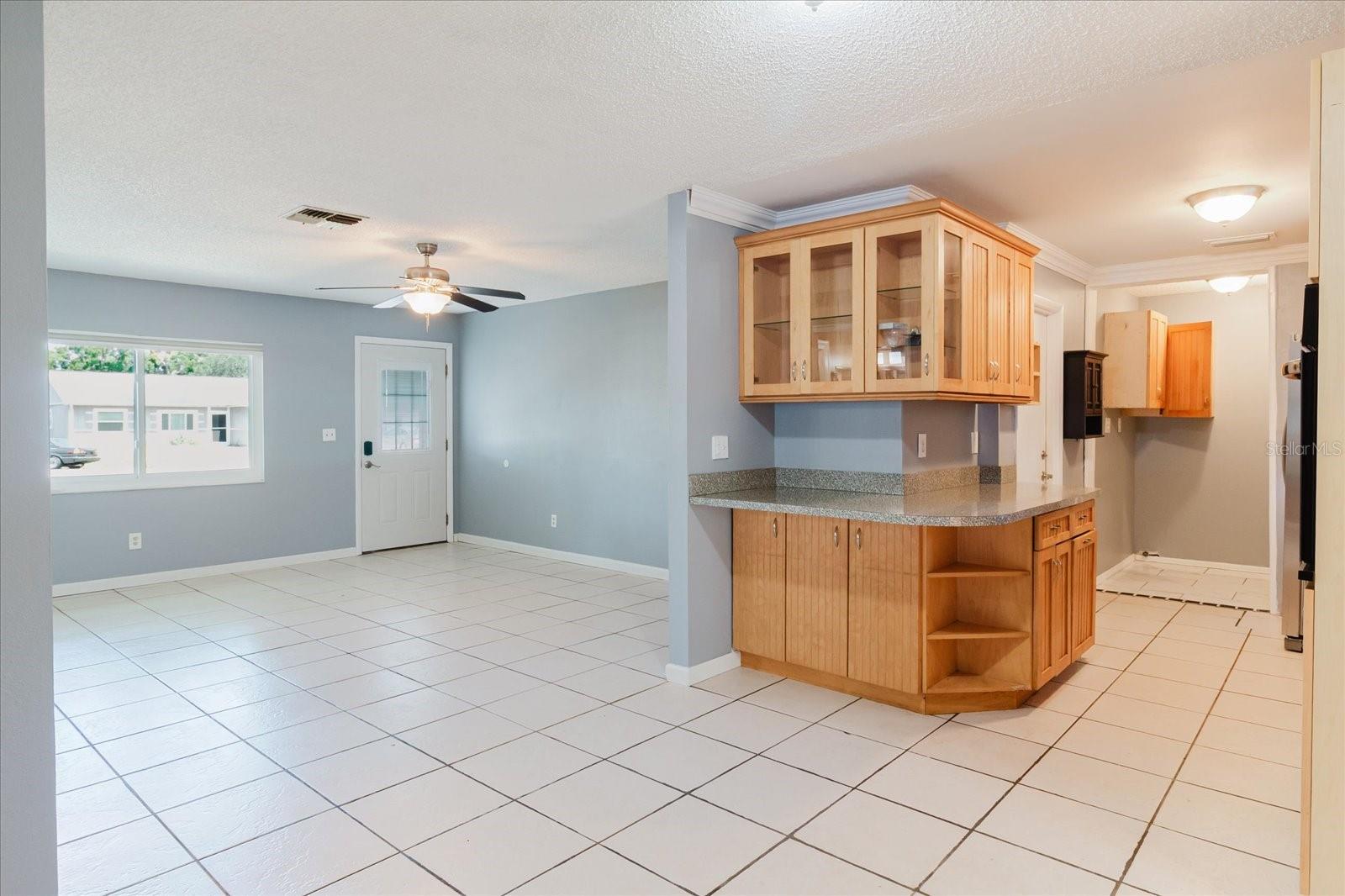 Kitchen and open space living room and dining area