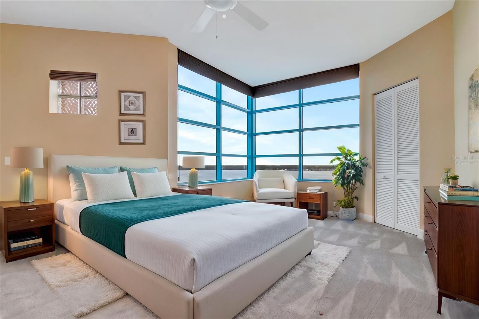 Virtually staged bedroom with intercoastal views