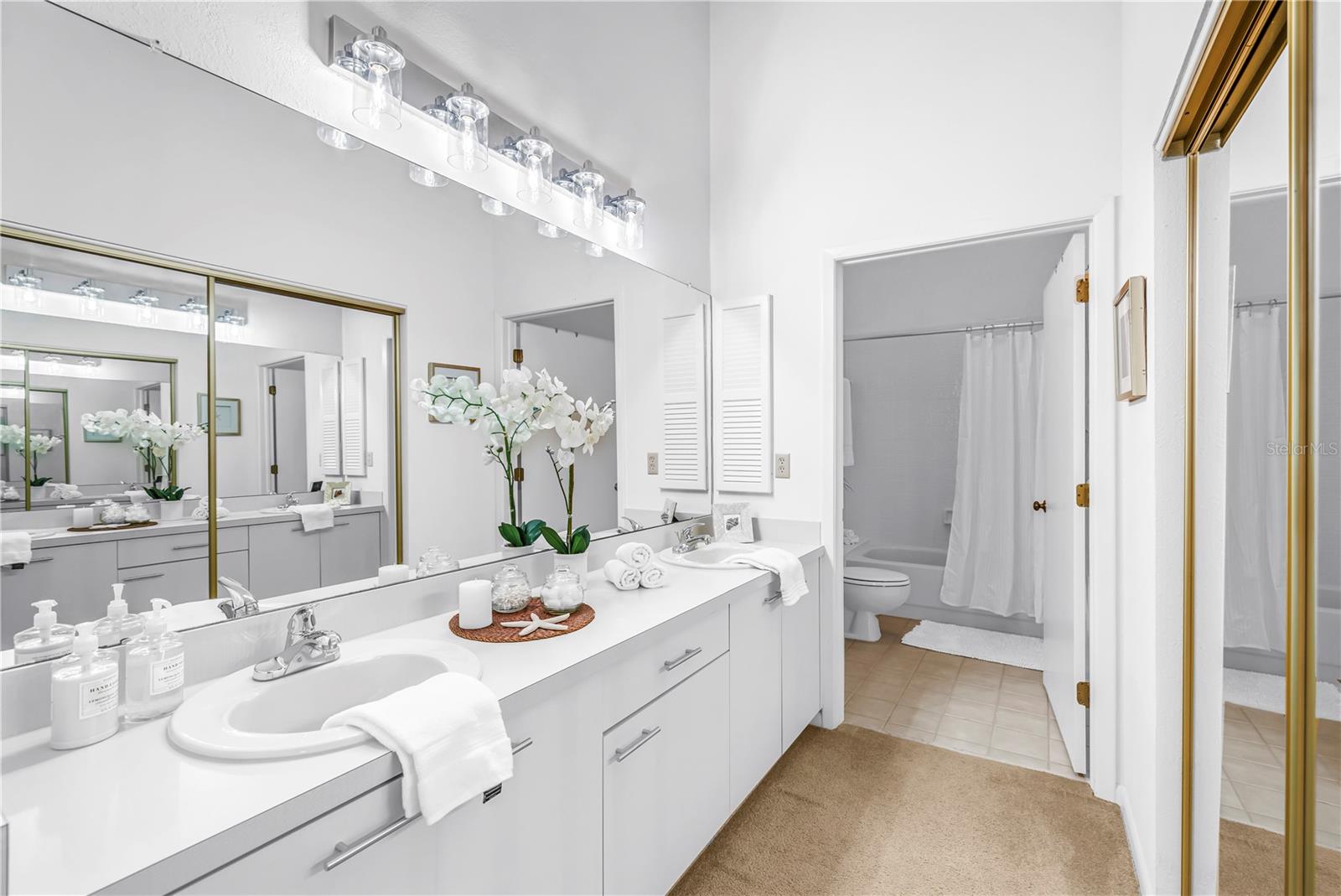 Primary bath has dual vanity with updated lighting, walk-in closet and separate toilet / shower
