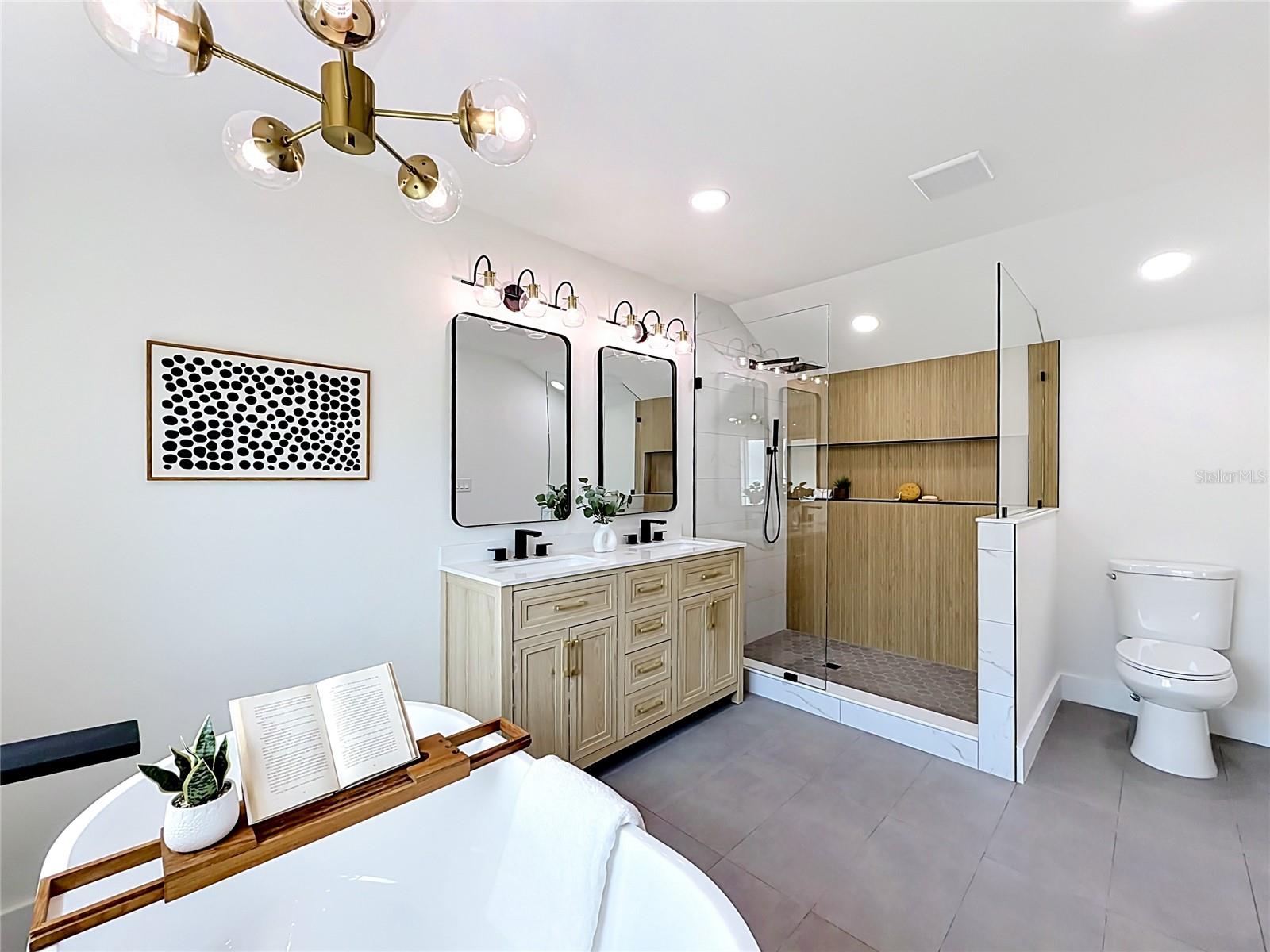 Primary Bathroom with Soaking Tub, Double Vanity and Custom Walk-In Shower