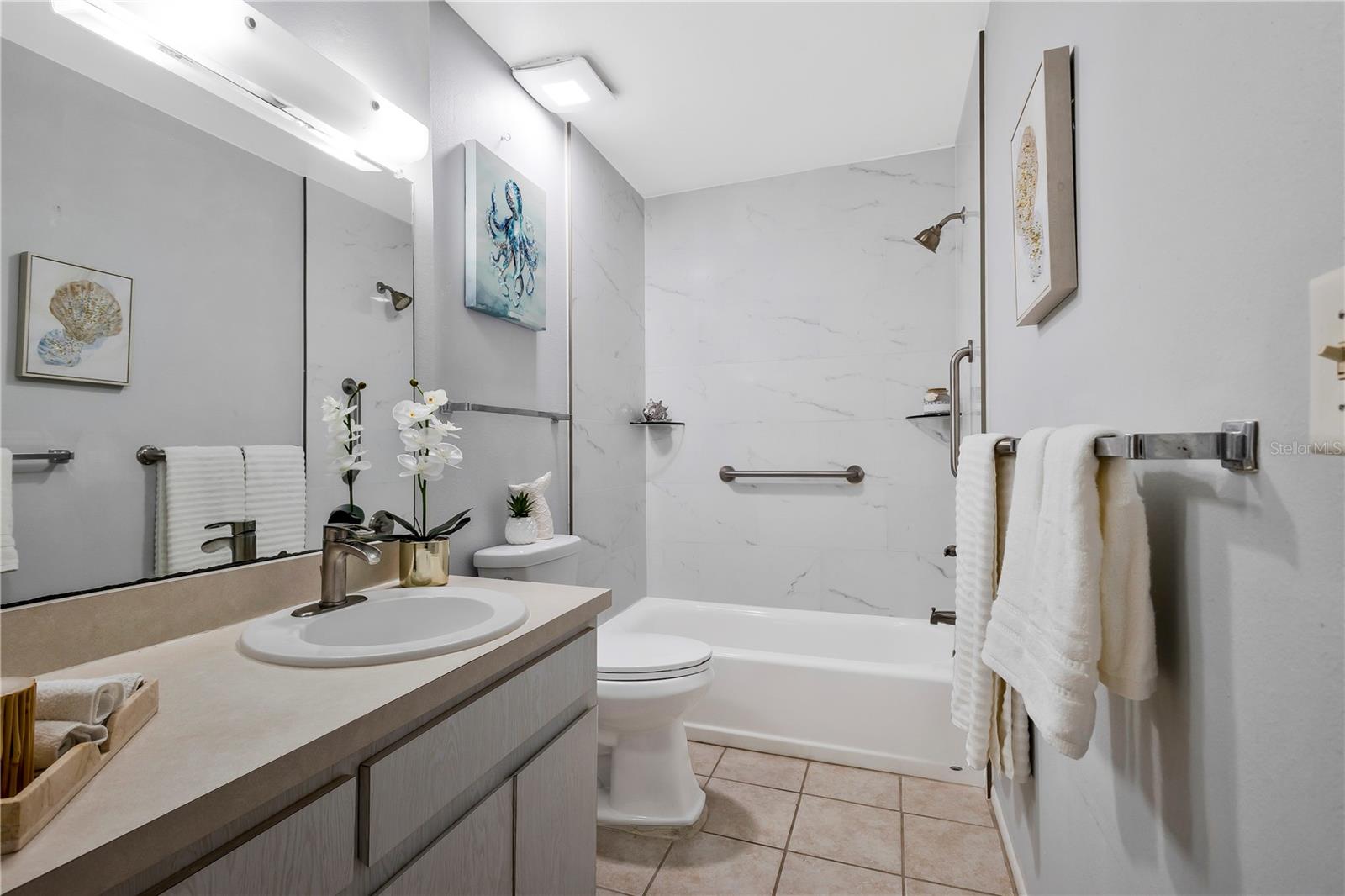 Bathroom with tup shower and handicap bars