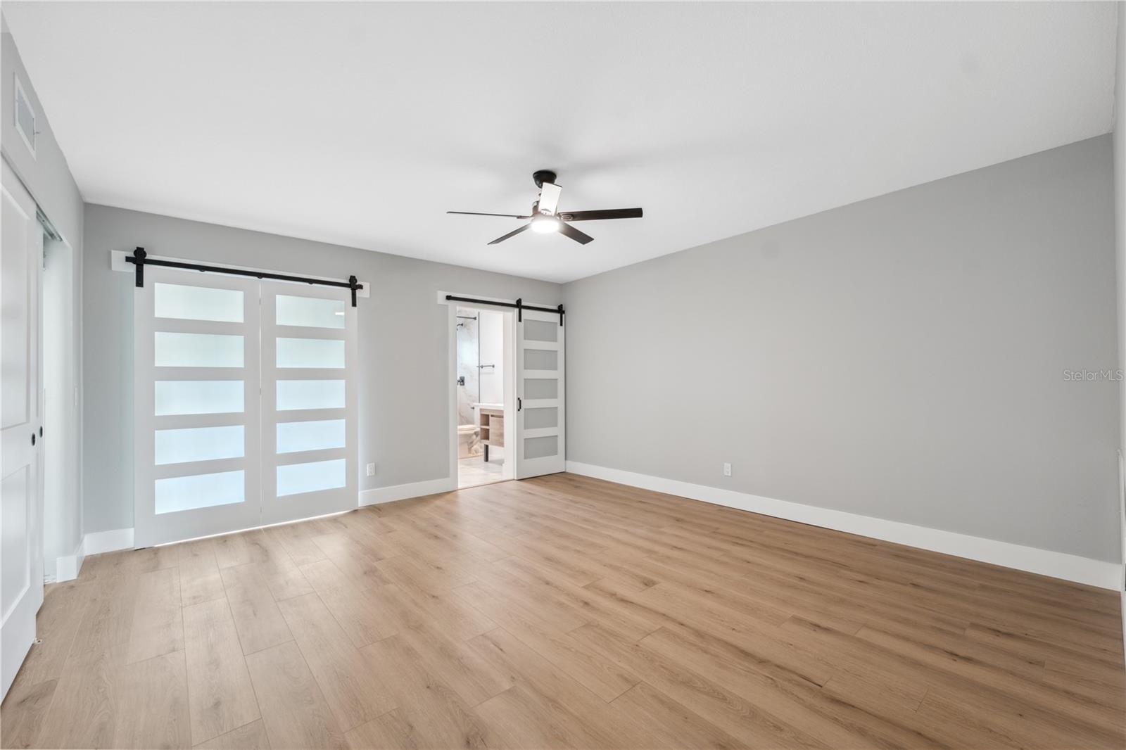 privacy doors to bonus space , sliding barn doors and updated lighting