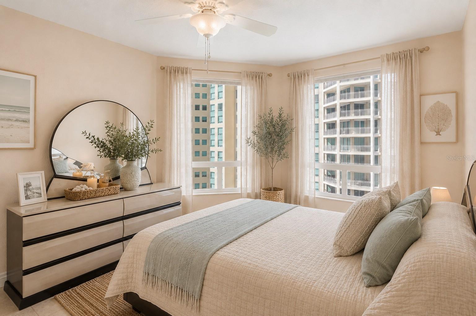 AI Staged.  Guest bedroom with plenty of closet storage space.