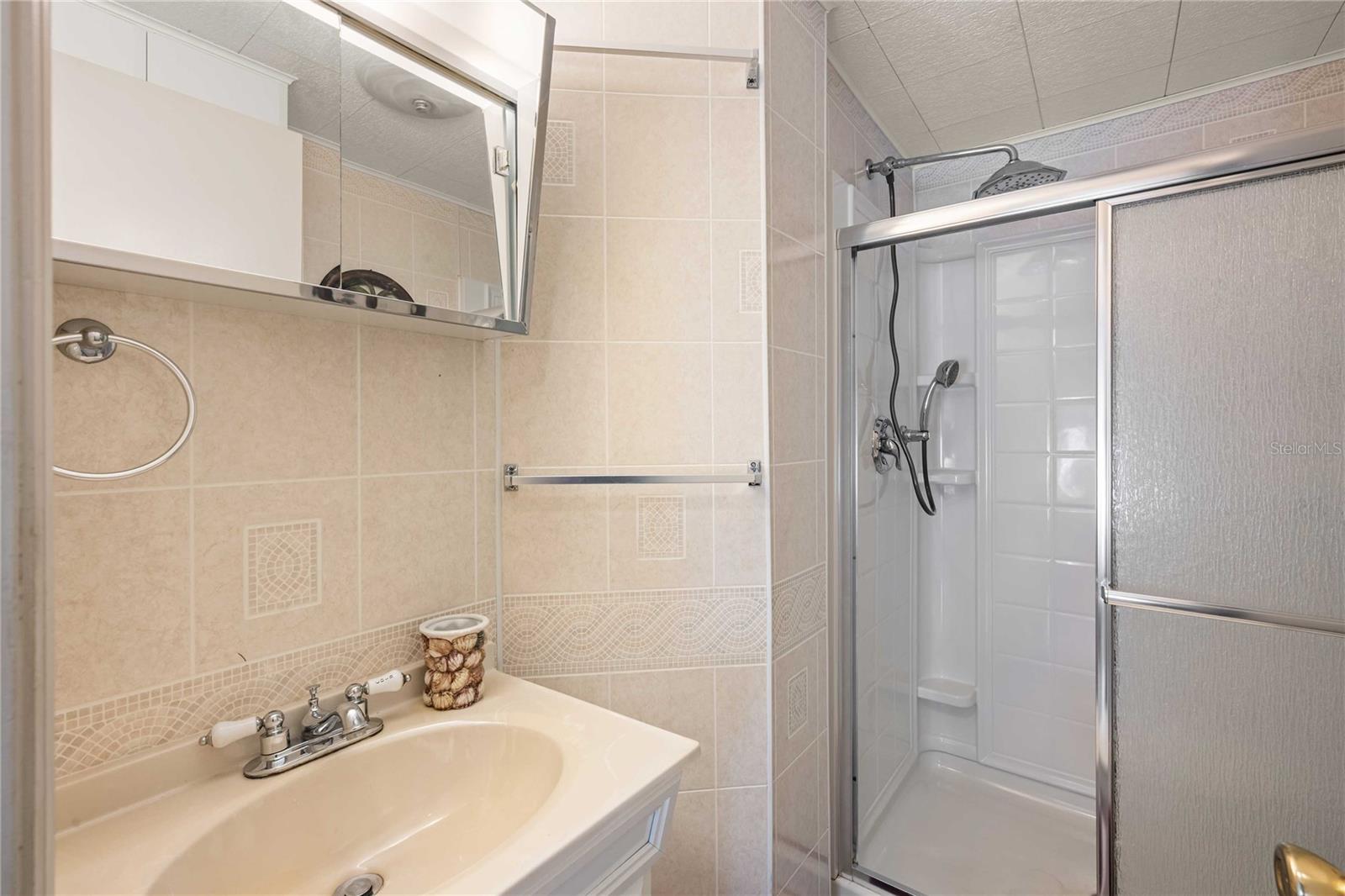 Primary bathroom has step-in shower.