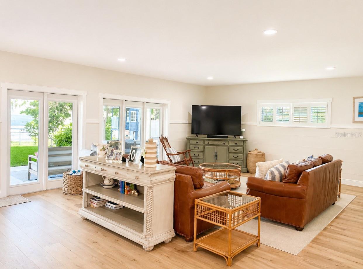 Living room with french doors to covered porch