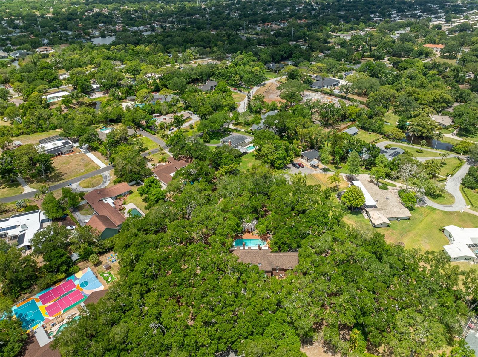 The aerial view captures the full grandeur of the property and its privacy
