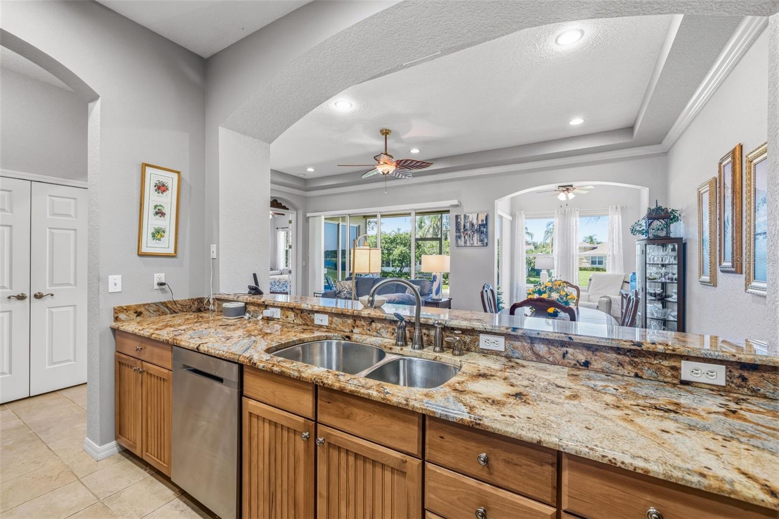 Wide breakfast bar opening to great room