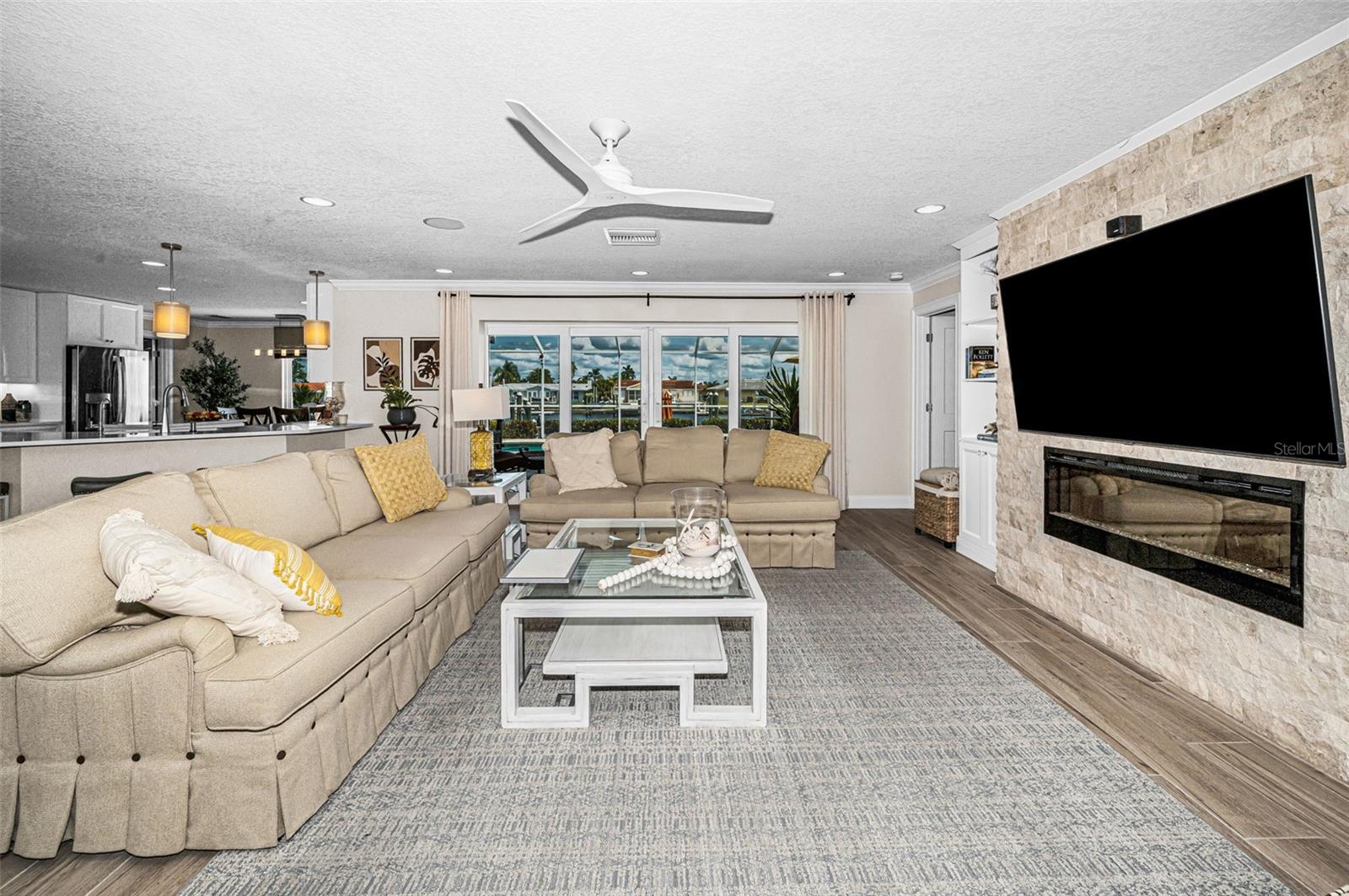 Living room view and fireplace