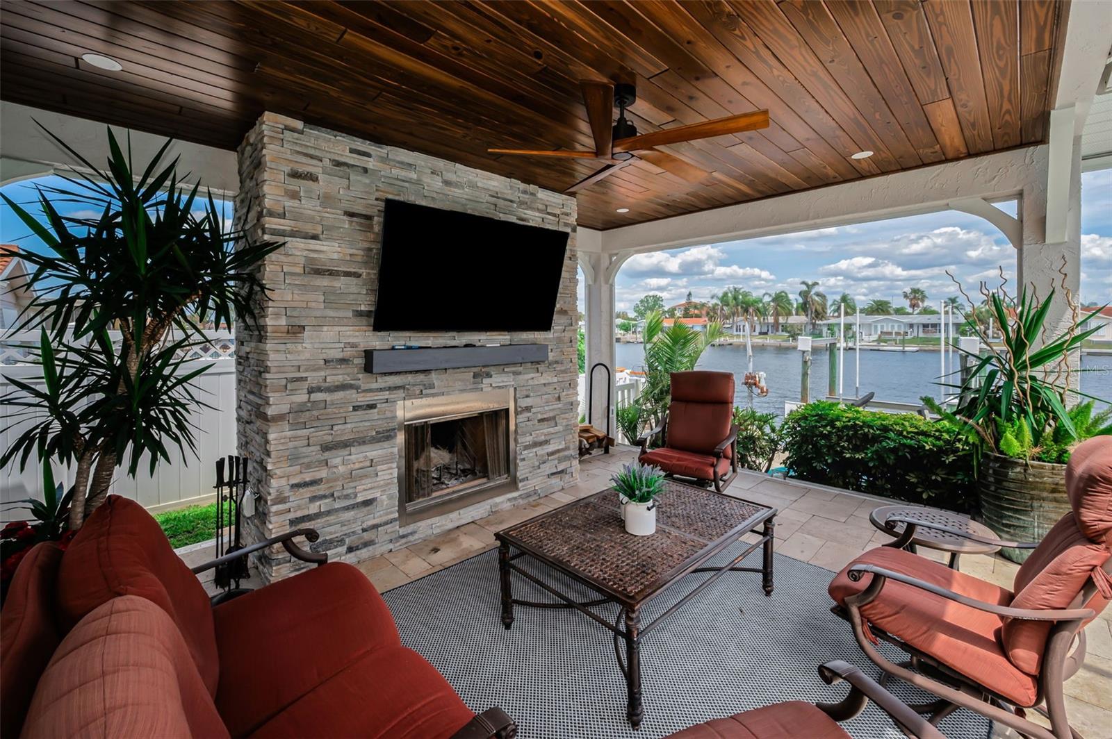 cabana with wood burning fireplace