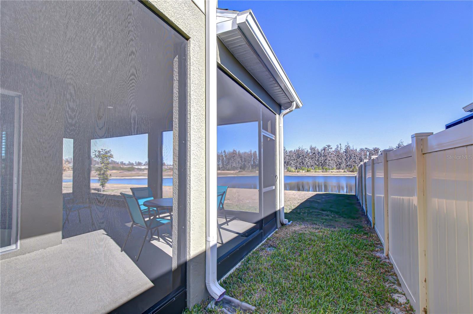 Exterior view highlighting the patio area.