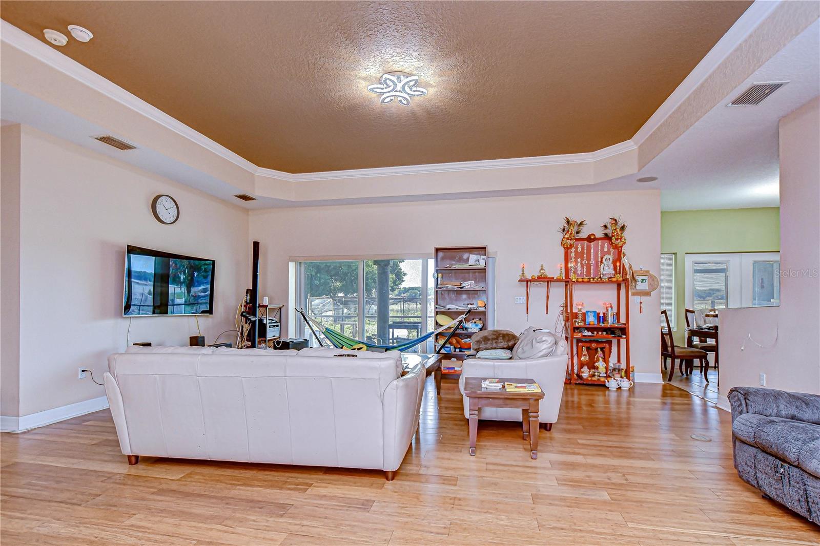 Warm & inviting living room with tray ceiling