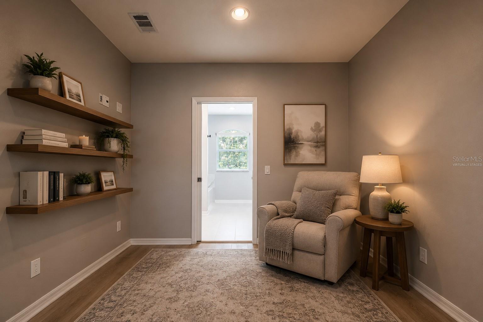 Virtually staged between bedroom and bath.