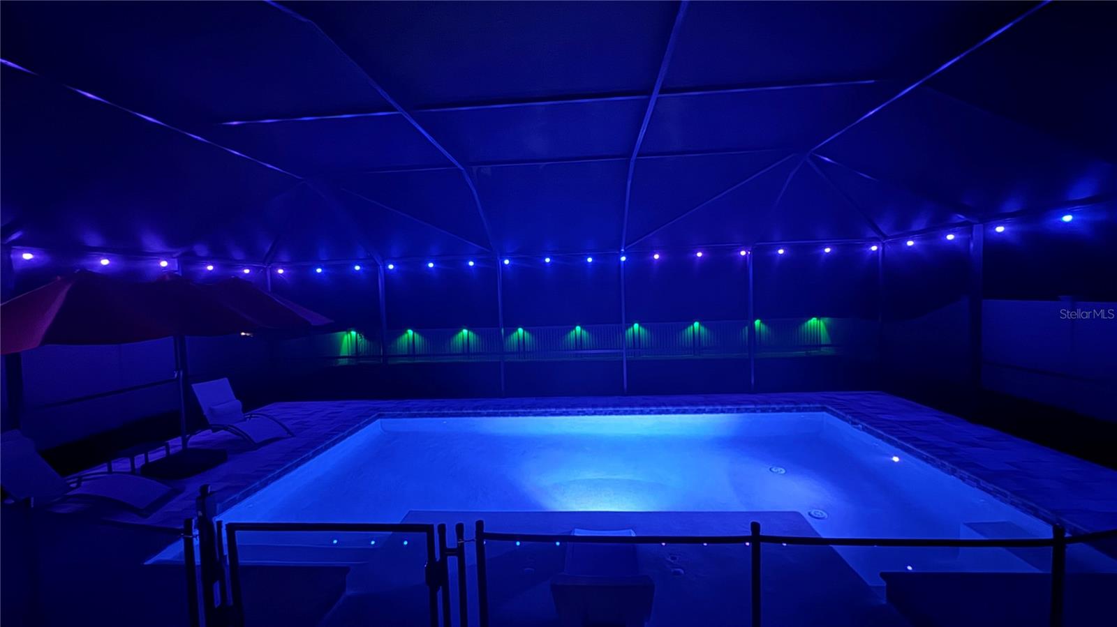 There are different color lights for the pool.