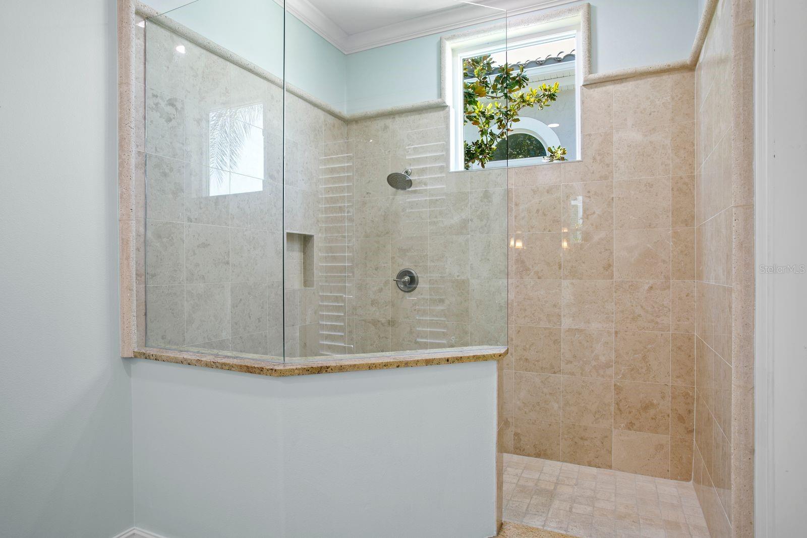 View of the walk-in shower in the main level primary ensuite.