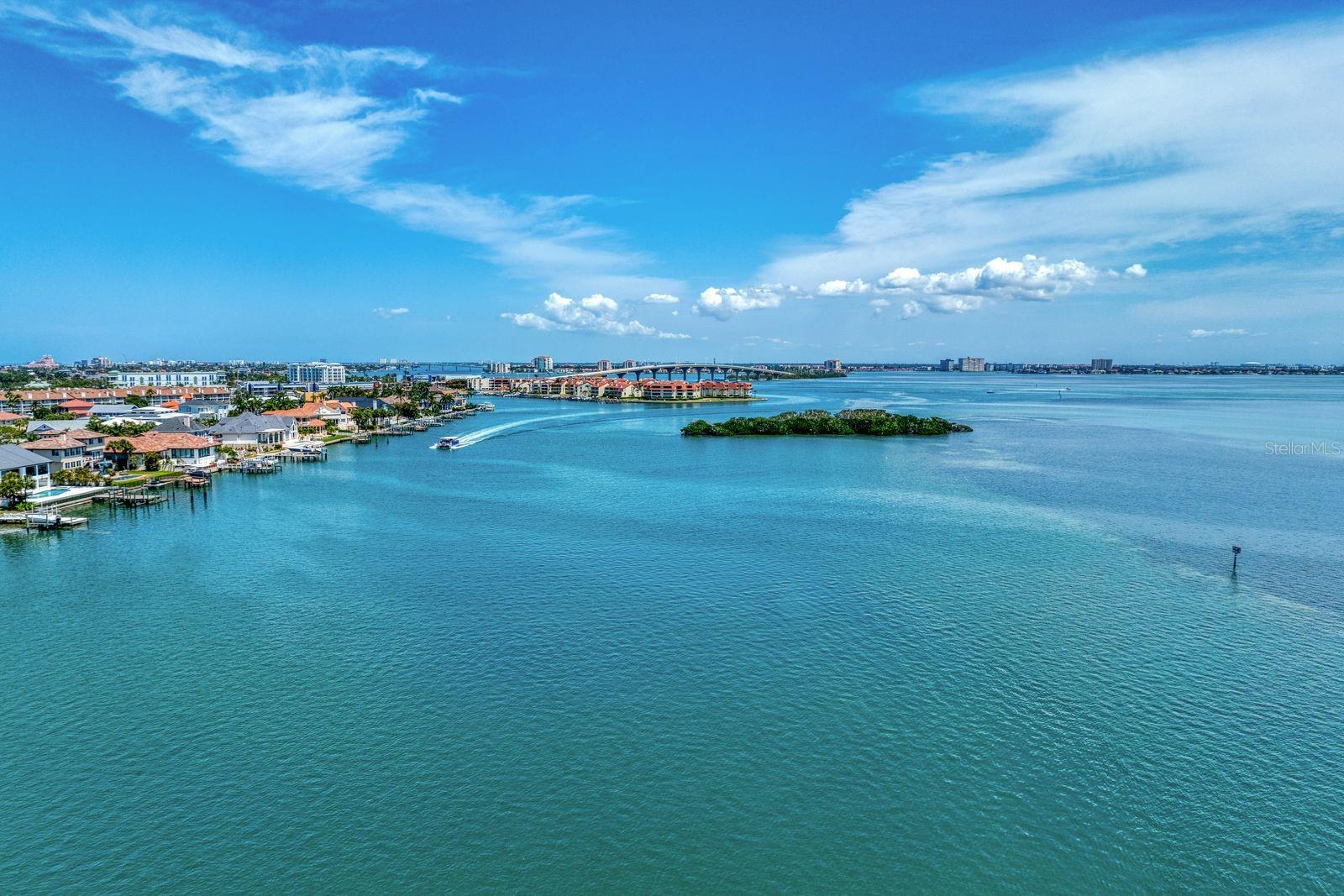An aerial view of the surrounding waterway.