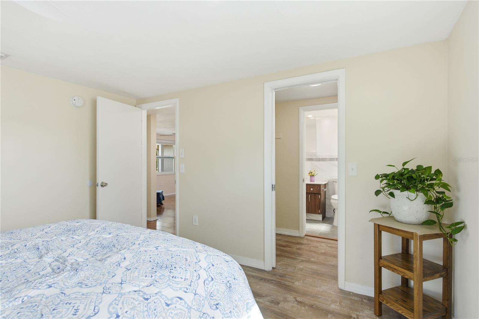Primary Bedroom, door on right goes through closet to bathroom, door on left leads to hall and living space