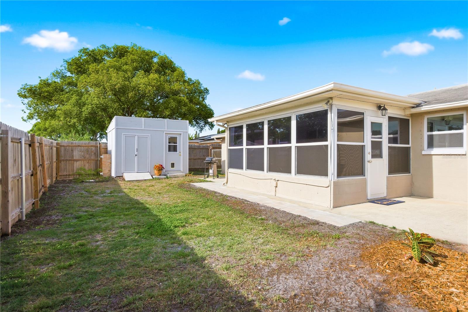 Backyard with view of shed