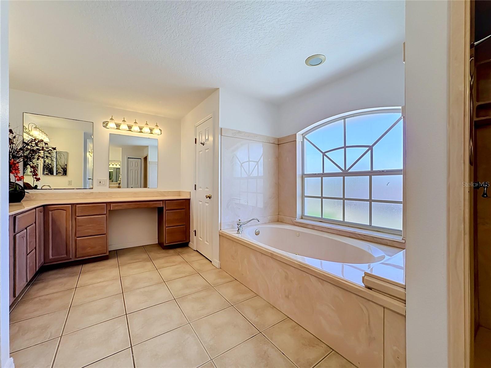 Owners bath with double vanity, garden tub, and walk-in shower