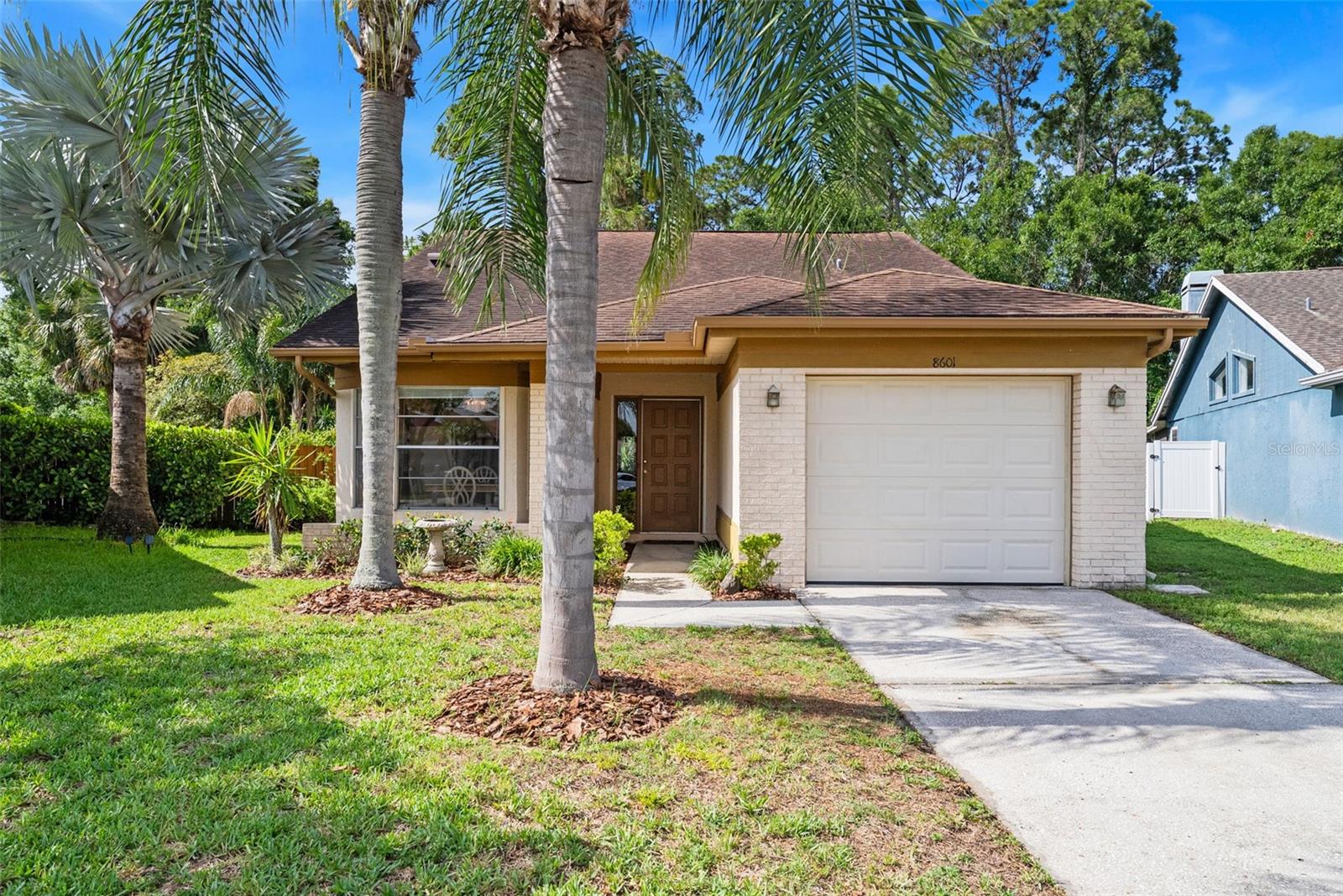 Front exterior showcasing attached garage, palms, and tropical landscaping.