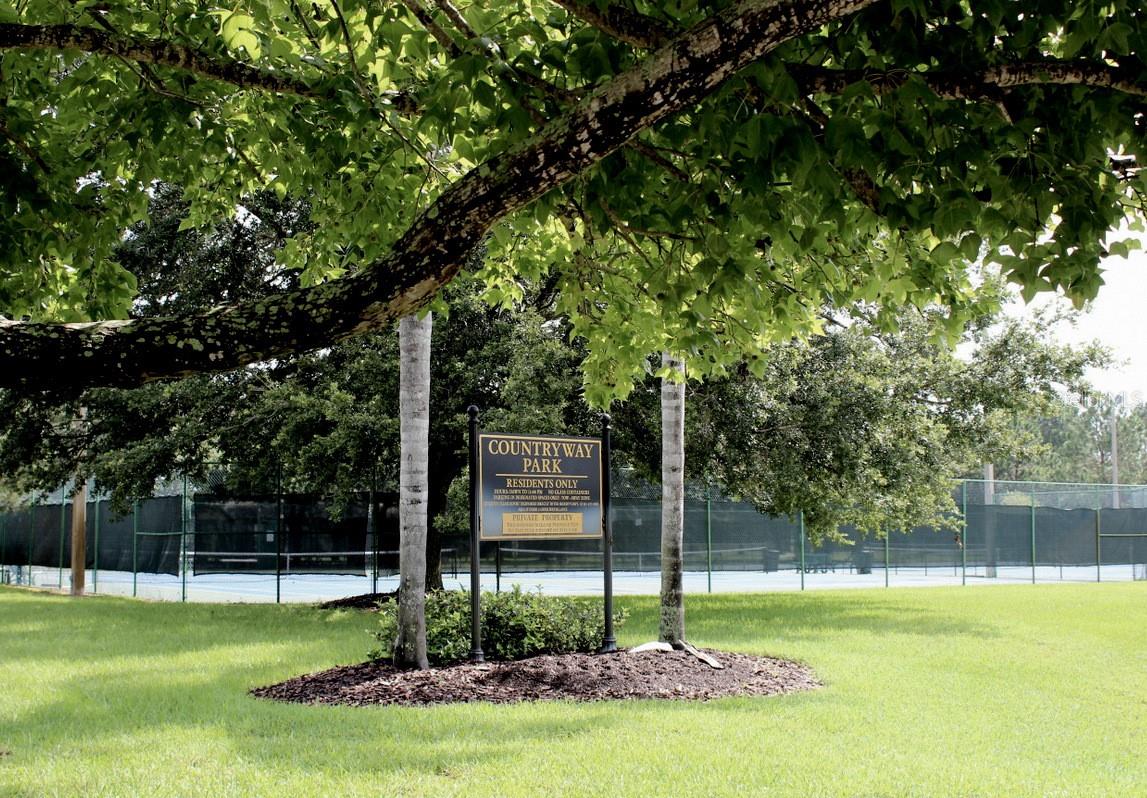 Community tennis courts surrounded by mature trees.