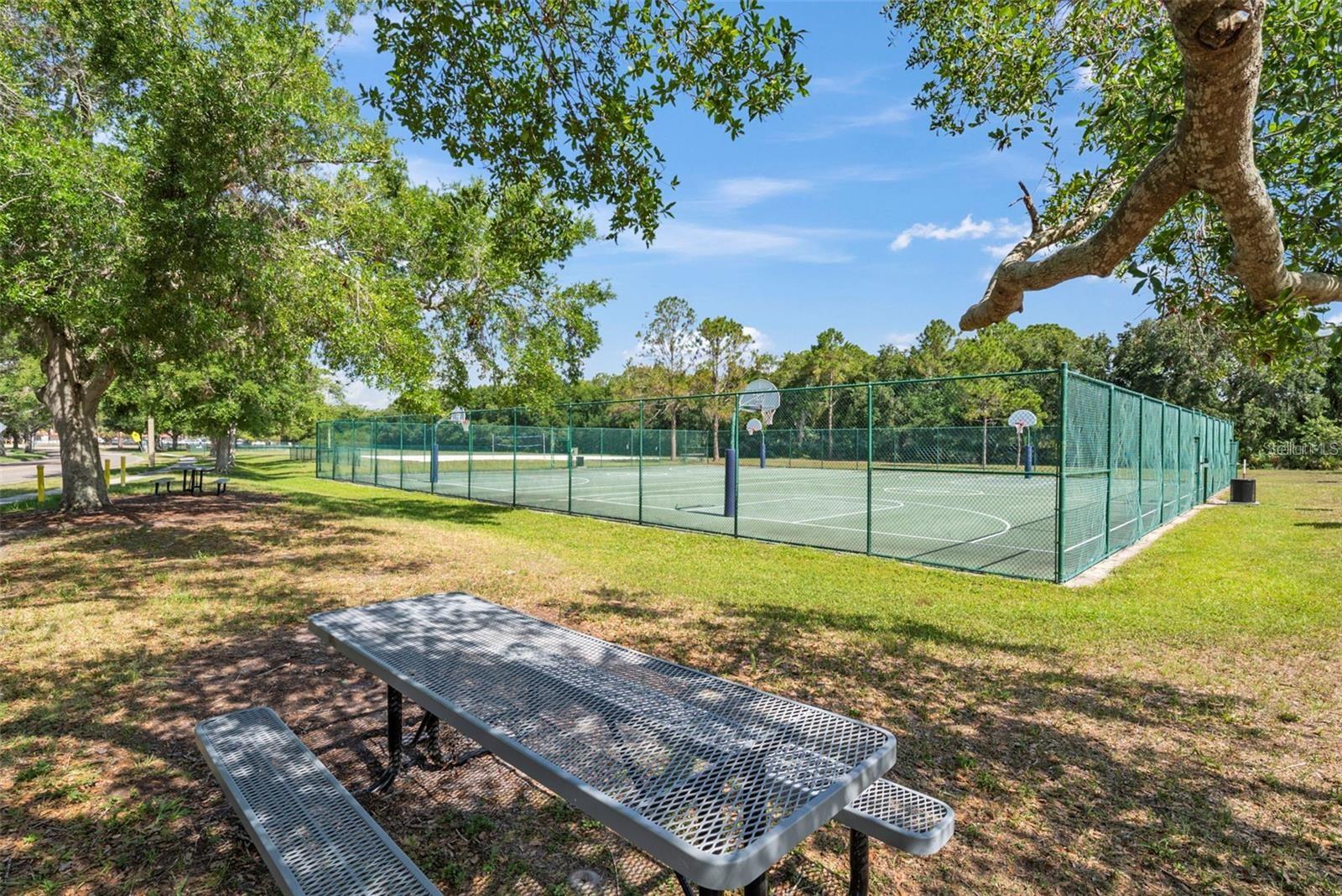 Tennis courts with picnic seating and shaded green space nearby.