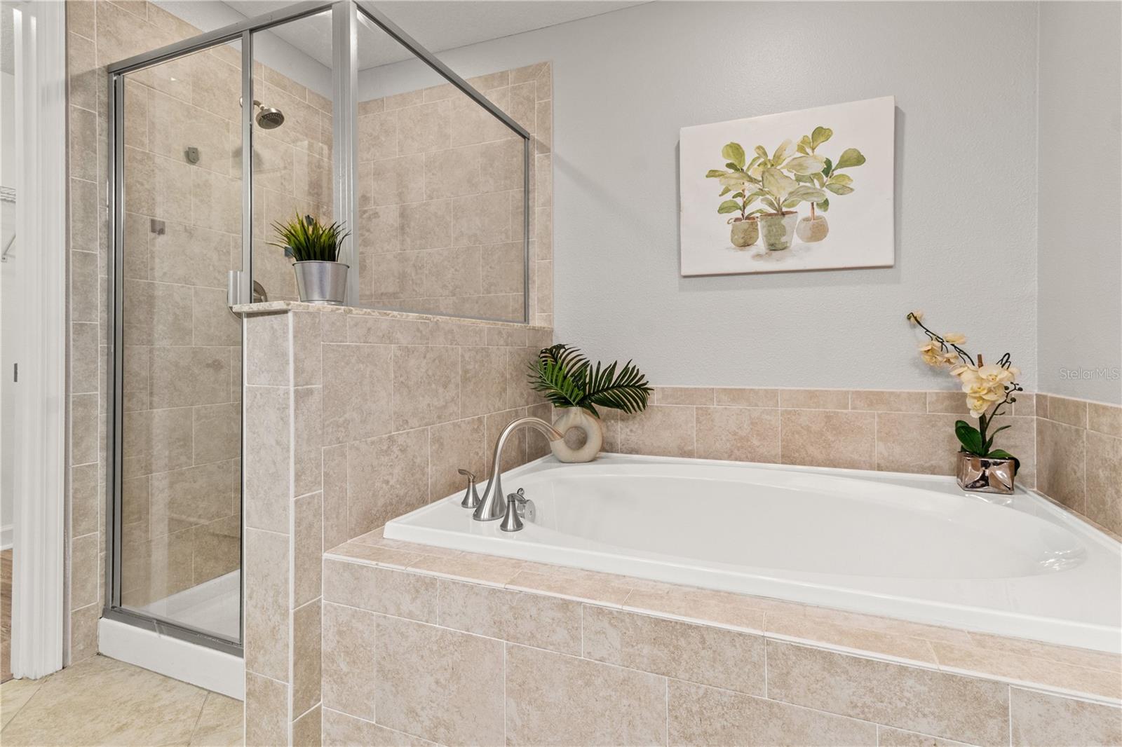 The primary bedroom has a soaking tub with a separate shower