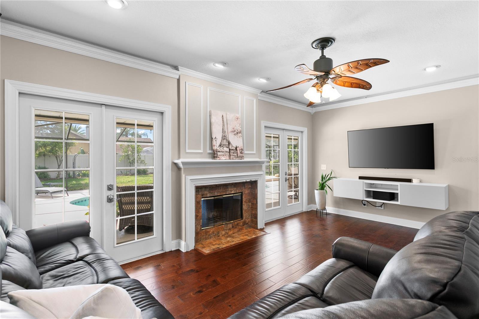 Large family room with wood burning fireplace