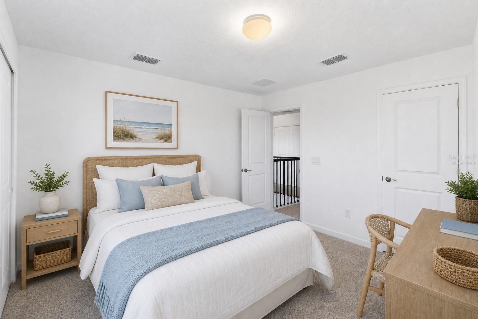 Virtually staged bedroom showing a soft, restful setup with room to unwind.