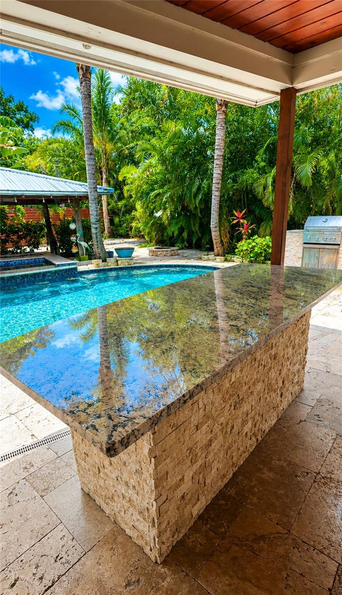 Granite bar in outdoor kitchen.
