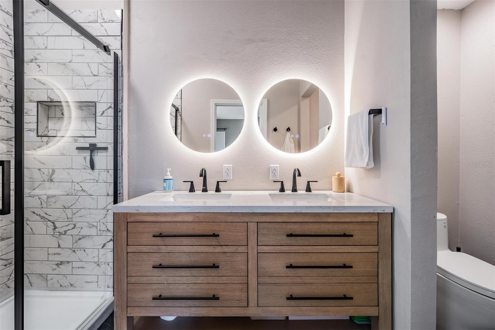 Dual sinks with touch screen mirrors