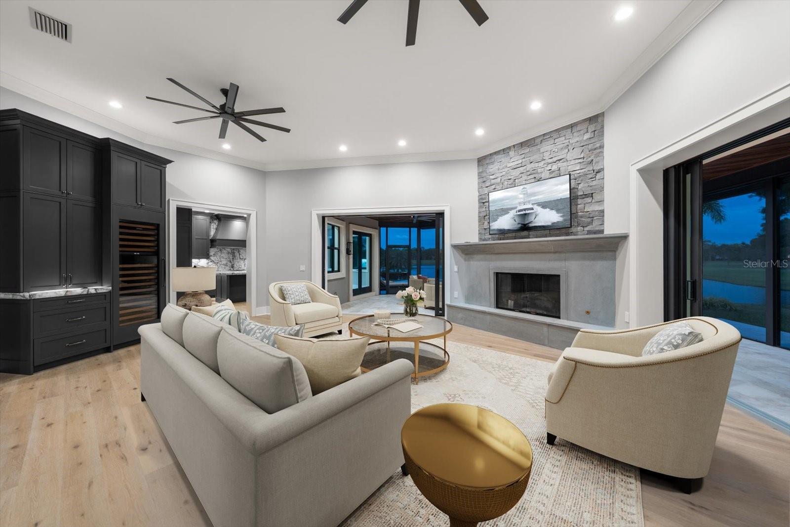 Living room with gas fireplace.