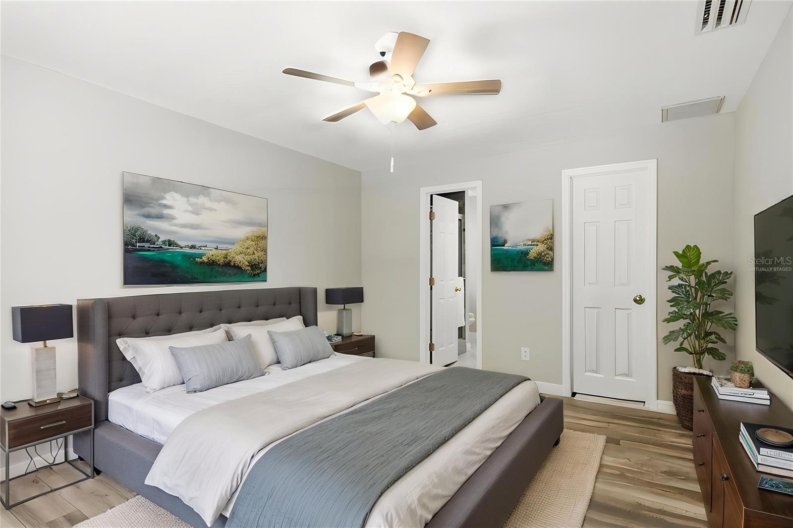 Virtually staged primary bedroom