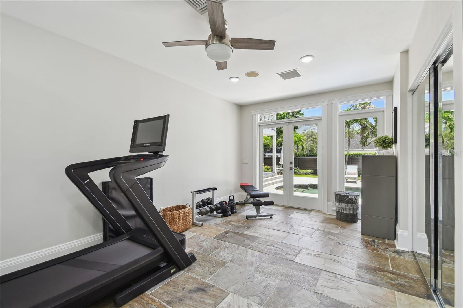 Gym looking from the entry area for the bathroom.