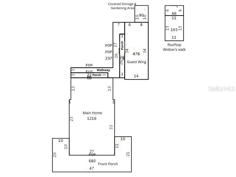 The County building sketch shows how the main home and guest wing are connected.