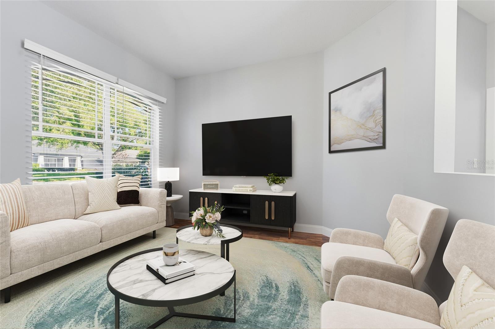Virtually staged. 12'x12' room off foyer can be confired as a dining room or separate family room